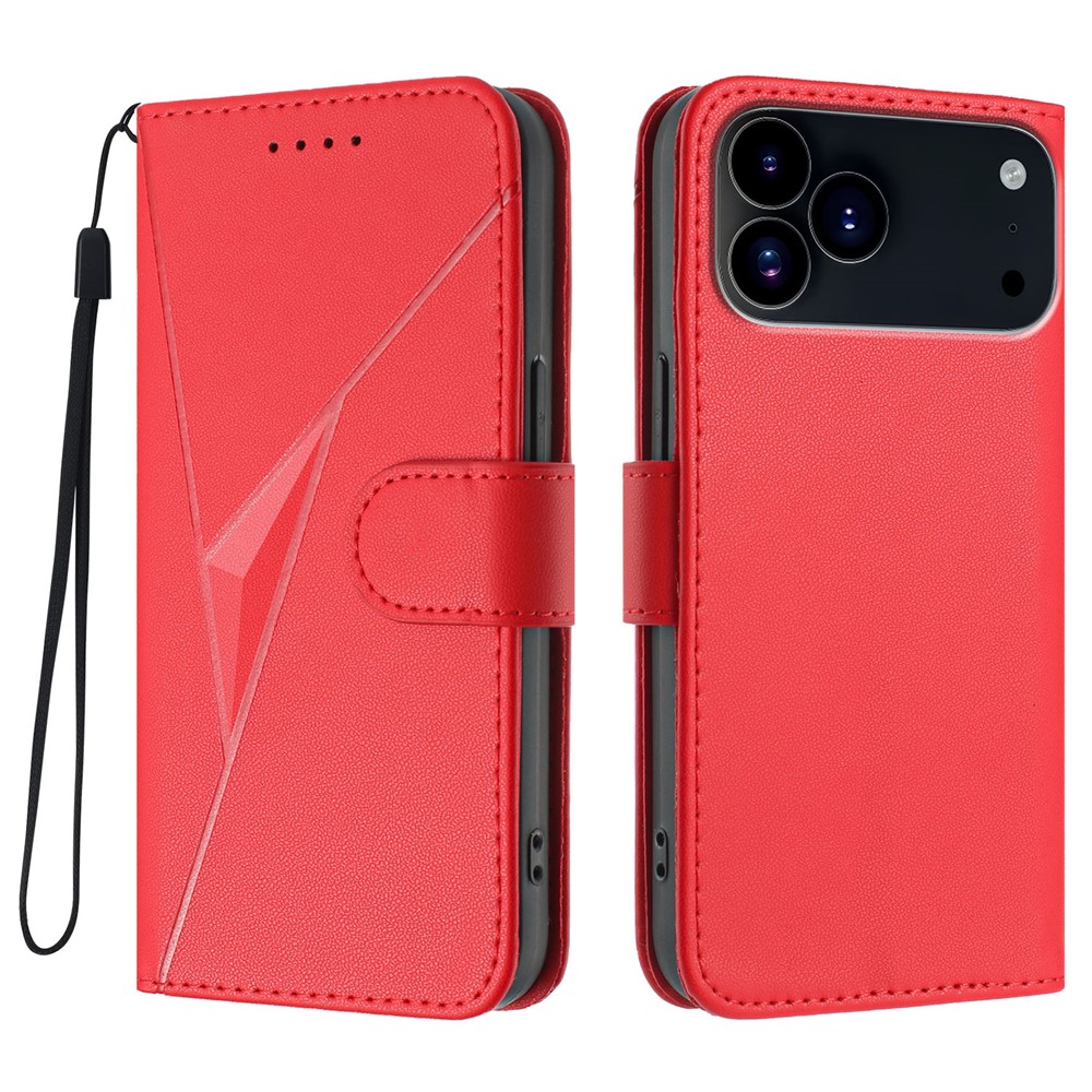 For iPhone 17 Pro Case Triangle Imprint Leather Phone Cover with Lanyard - Red