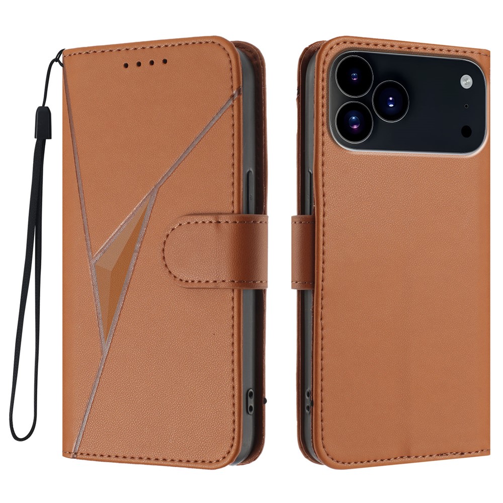 For iPhone 17 Pro Case Triangle Imprint Leather Phone Cover with Lanyard - Coffee
