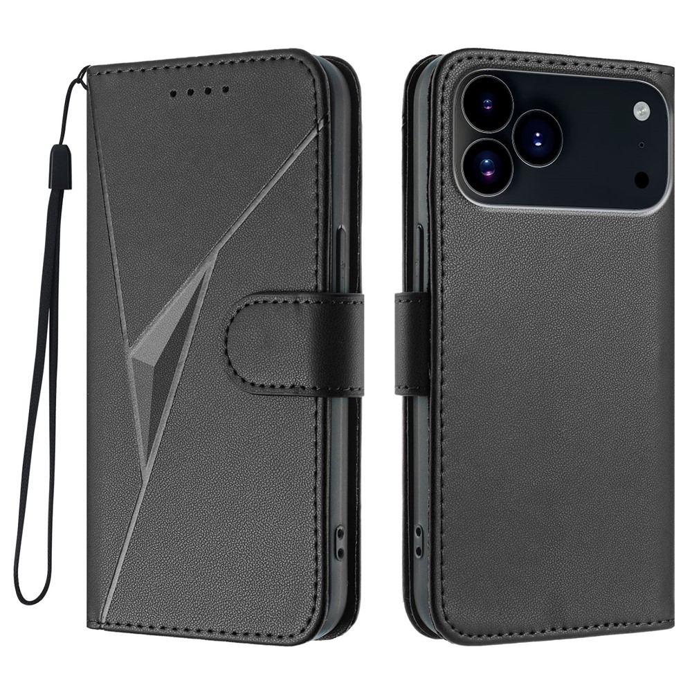 For iPhone 17 Pro Case Triangle Imprint Leather Phone Cover with Lanyard - Black
