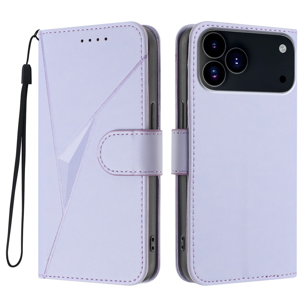 For iPhone 17 Pro Case Triangle Imprint Leather Phone Cover with Lanyard - Light Purple