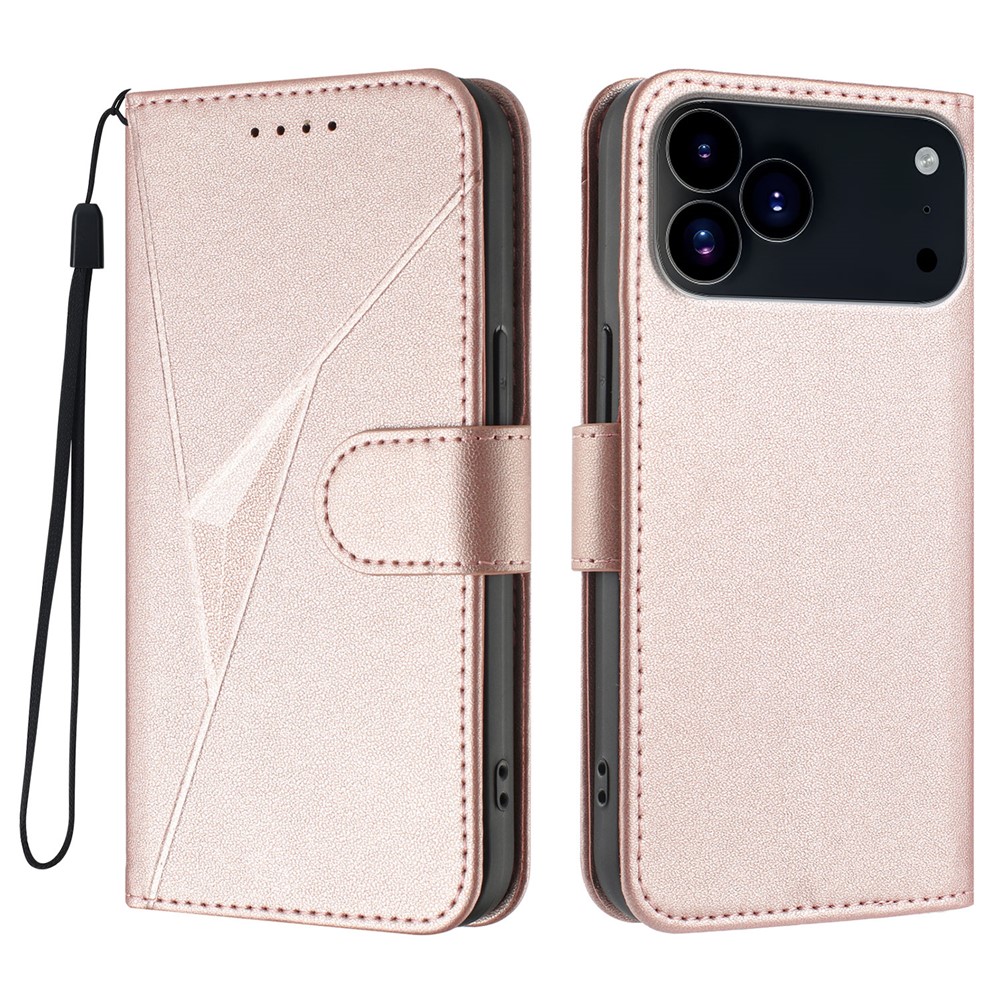 For iPhone 17 Pro Case Triangle Imprint Leather Phone Cover with Lanyard - Rose Gold