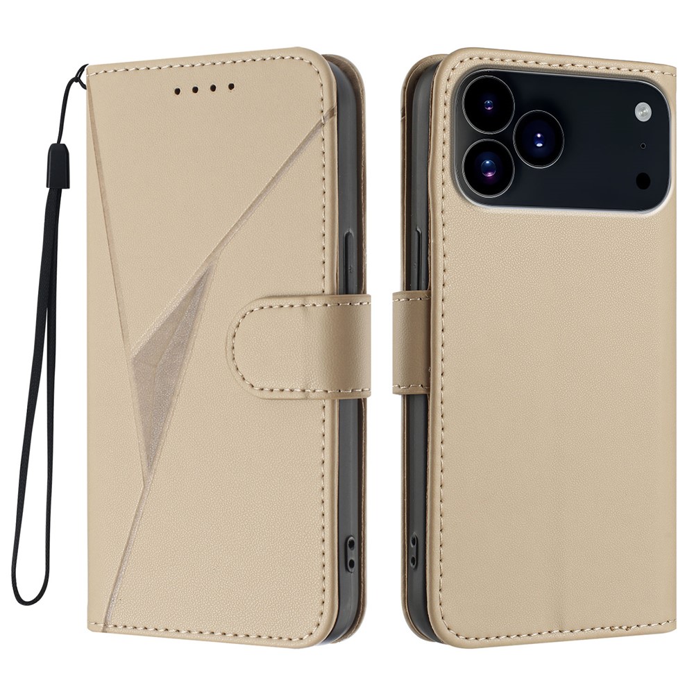 For iPhone 17 Pro Case Triangle Imprint Leather Phone Cover with Lanyard - Golden