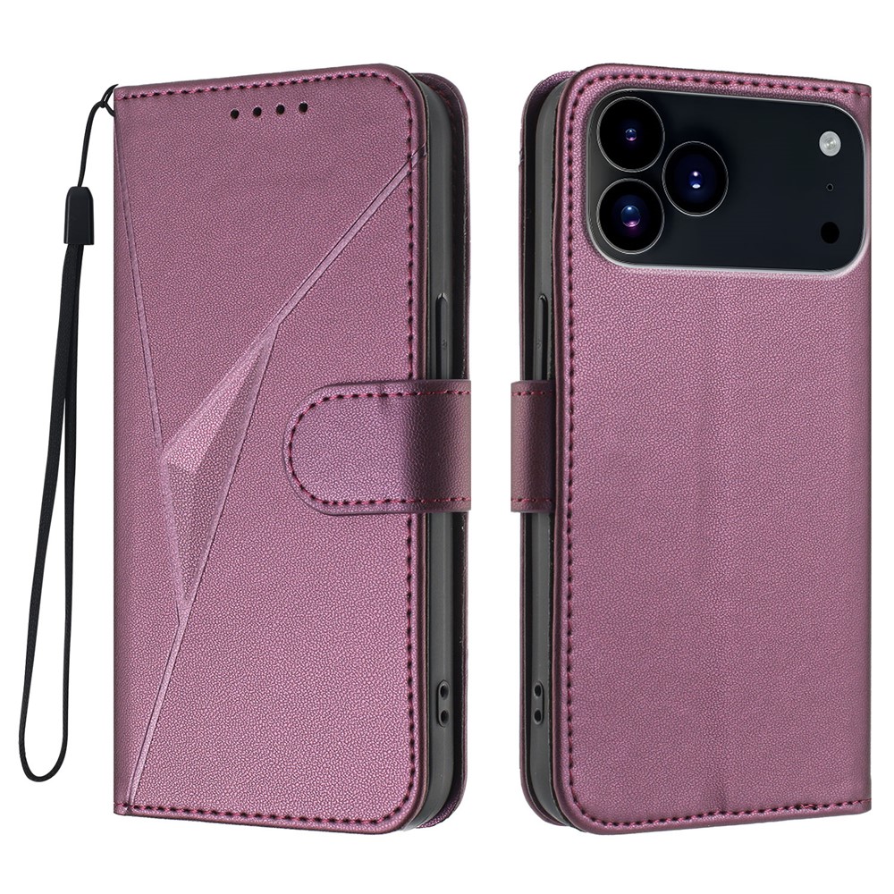 For iPhone 17 Pro Max Case Triangle Imprint Leather Phone Cover with Lanyard - Dark Purple