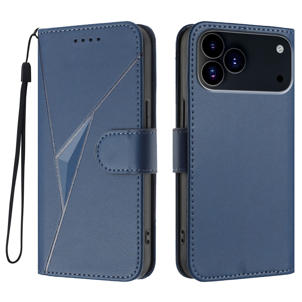 For iPhone 17 Pro Max Case Triangle Imprint Leather Phone Cover with Lanyard - Royal Blue