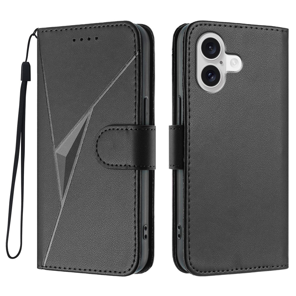 For iPhone 17 Case Triangle Imprint Leather Phone Cover with Lanyard - Black