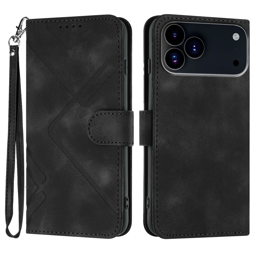 For iPhone 17 Pro Wallet Case Line Imprinted PU Leather Phone Cover with Strap - Black