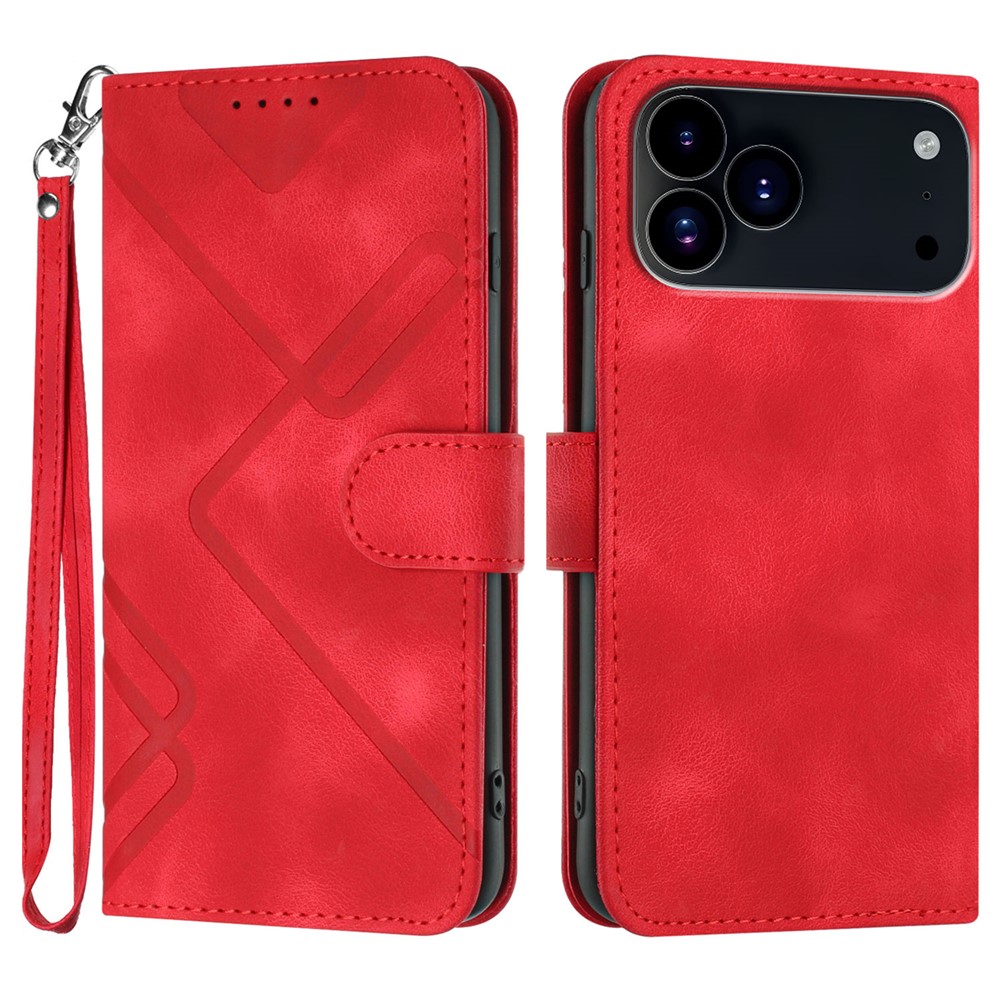 For iPhone 17 Pro Wallet Case Line Imprinted PU Leather Phone Cover with Strap - Red