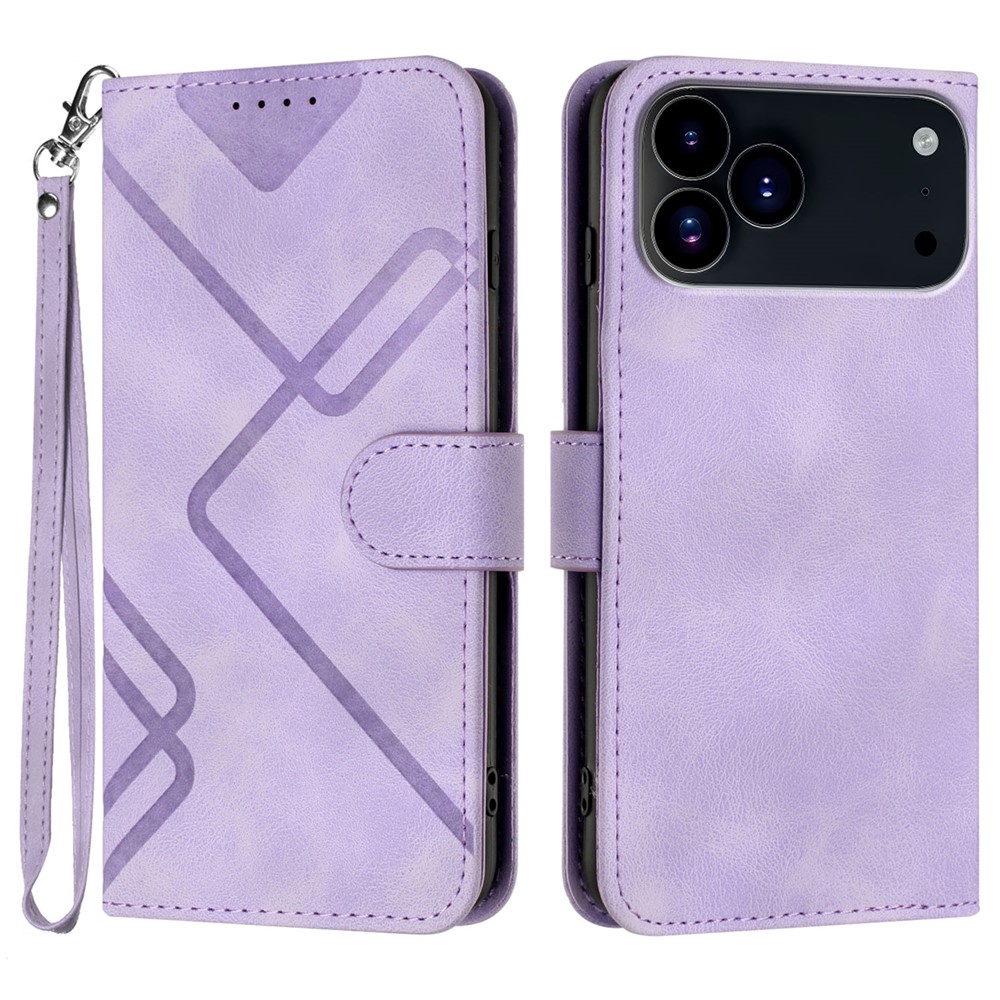 For iPhone 17 Pro Wallet Case Line Imprinted PU Leather Phone Cover with Strap - Purple
