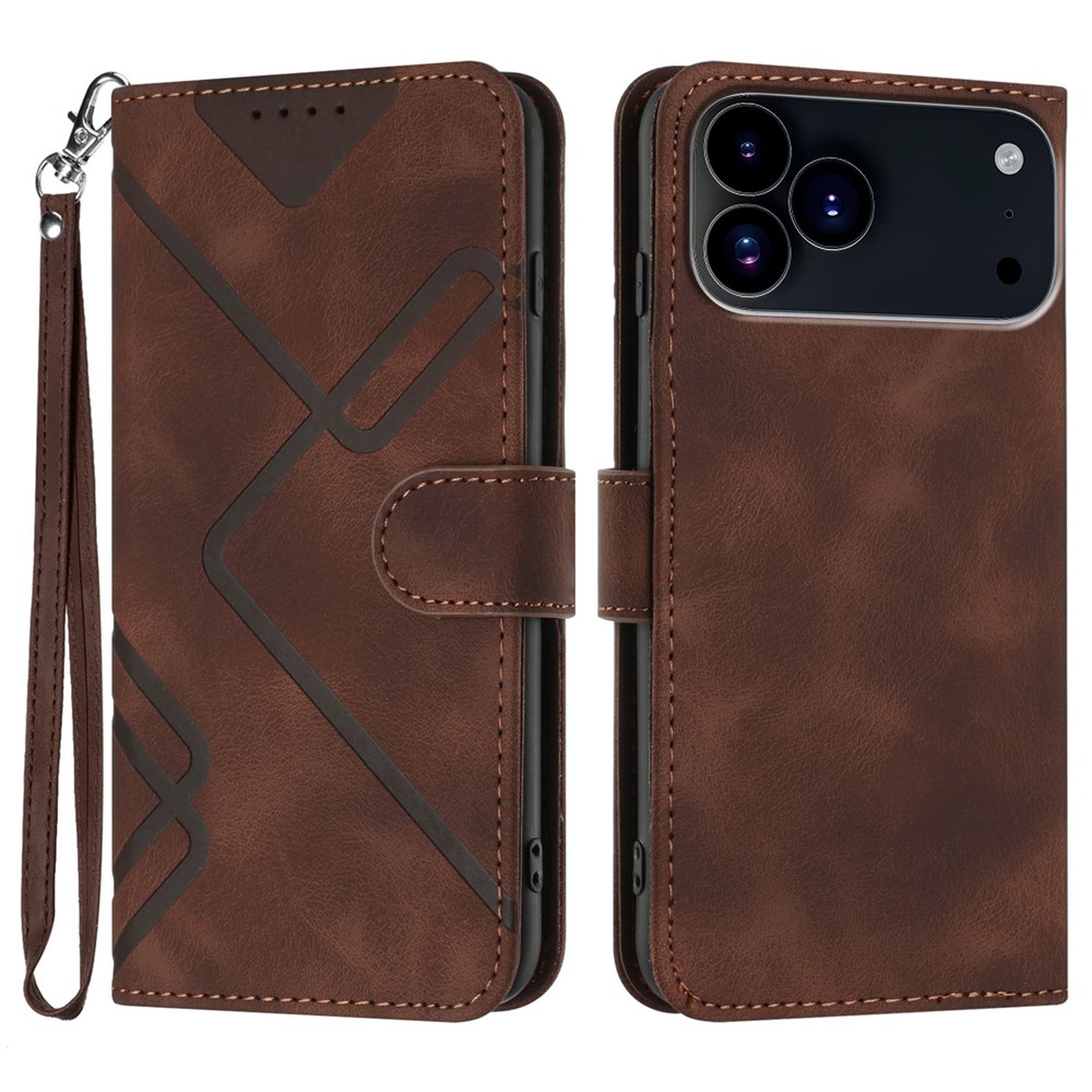 For iPhone 17 Pro Wallet Case Line Imprinted PU Leather Phone Cover with Strap - Brown