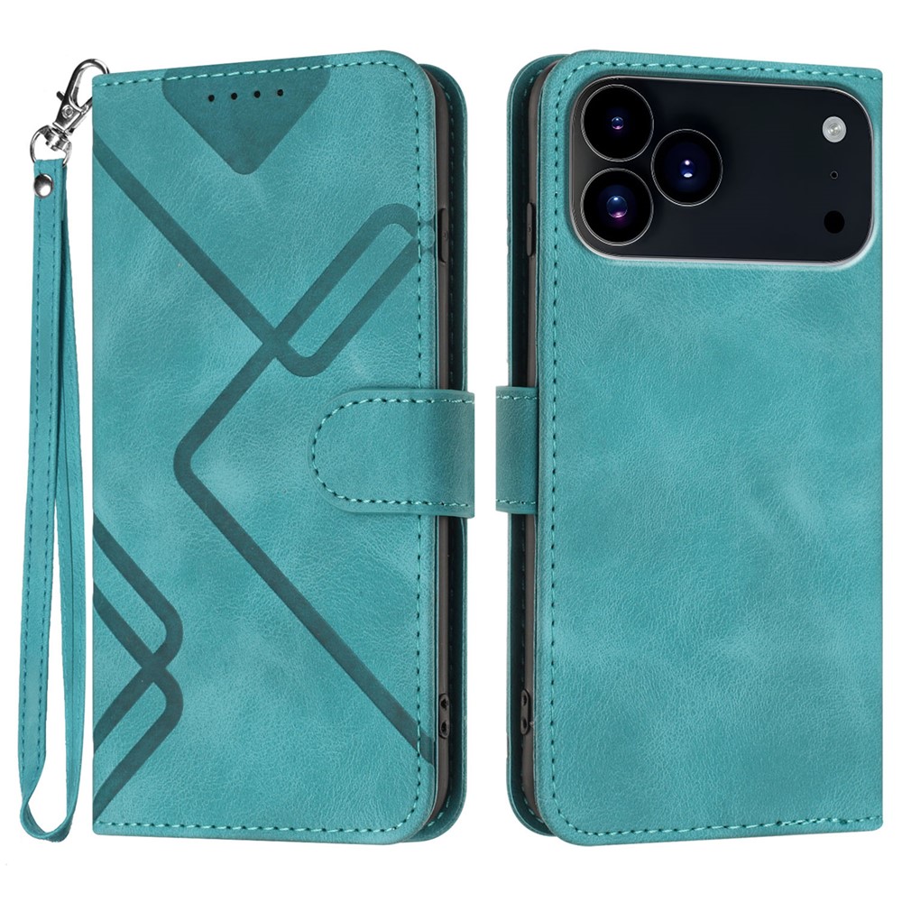 For iPhone 17 Pro Max Wallet Case Line Imprinted PU Leather Phone Cover with Strap - Light Blue