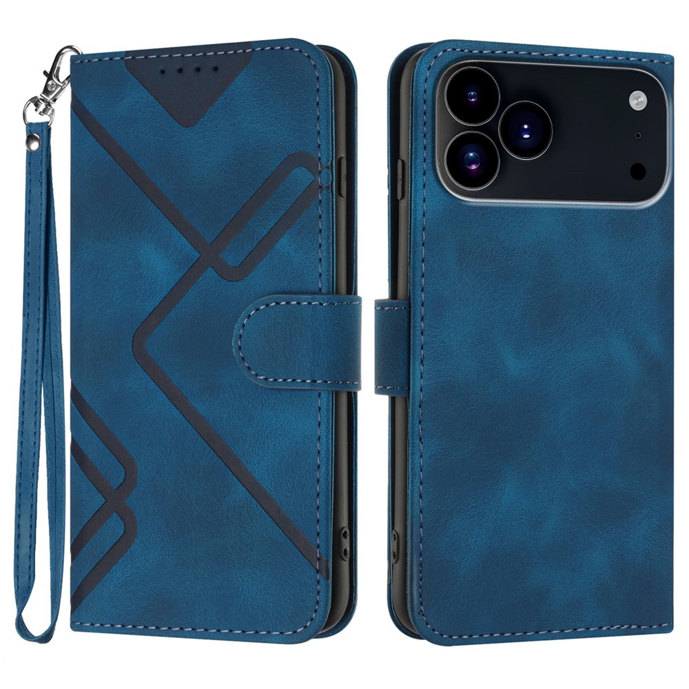For iPhone 17 Pro Max Wallet Case Line Imprinted PU Leather Phone Cover with Strap - Royal Blue