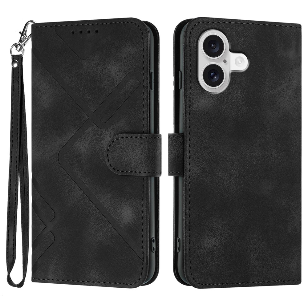 For iPhone 17 Wallet Case Line Imprinted PU Leather Phone Cover with Strap - Black