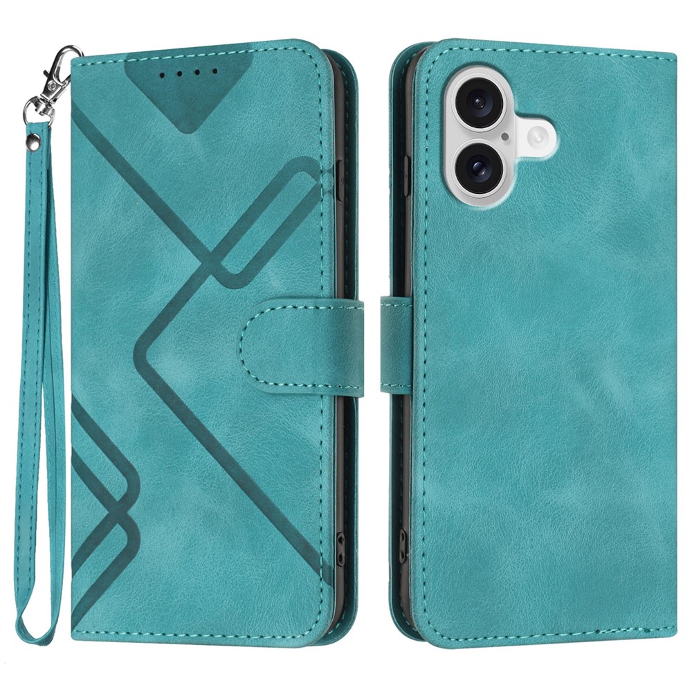 For iPhone 17 Wallet Case Line Imprinted PU Leather Phone Cover with Strap - Light Blue