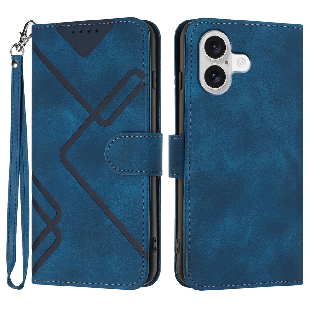 For iPhone 17 Wallet Case Line Imprinted PU Leather Phone Cover with Strap - Royal Blue