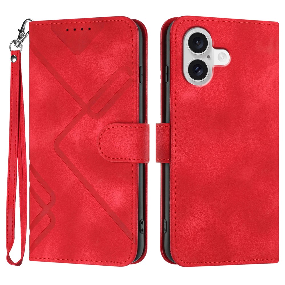 For iPhone 17 Wallet Case Line Imprinted PU Leather Phone Cover with Strap - Red