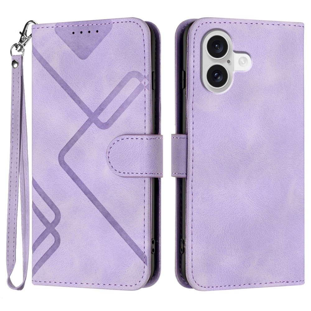 For iPhone 17 Wallet Case Line Imprinted PU Leather Phone Cover with Strap - Purple