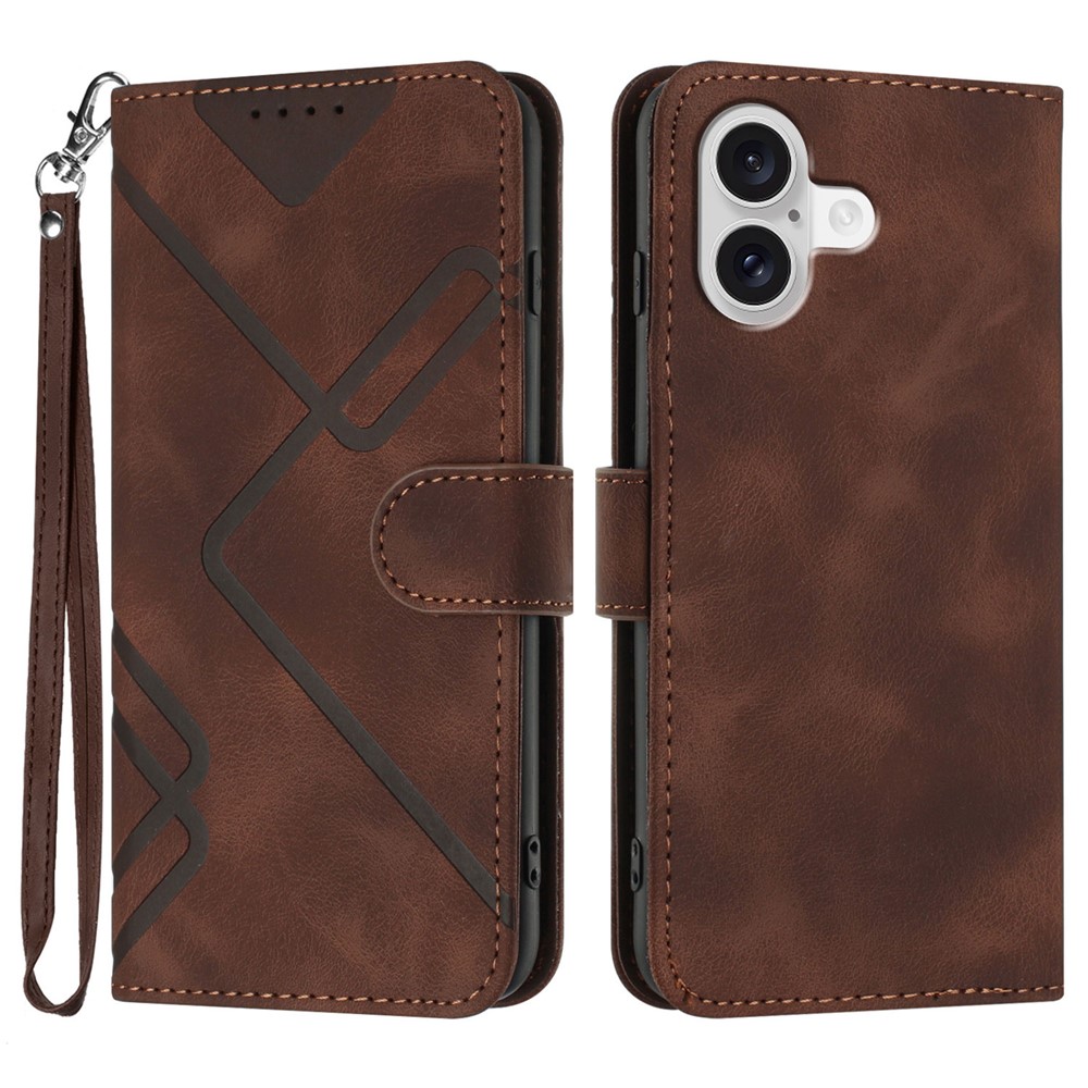 For iPhone 17 Wallet Case Line Imprinted PU Leather Phone Cover with Strap - Brown