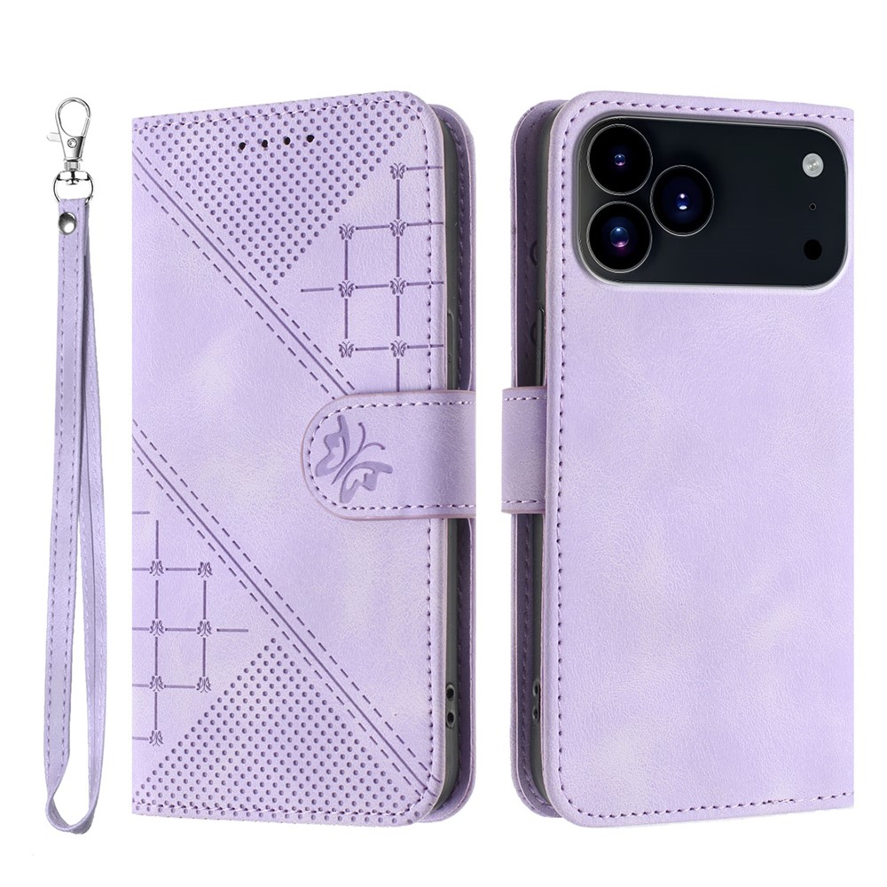 For iPhone 17 Pro Leather Wallet Case Butterfly Flower Imprinted Phone Cover with Strap - Purple