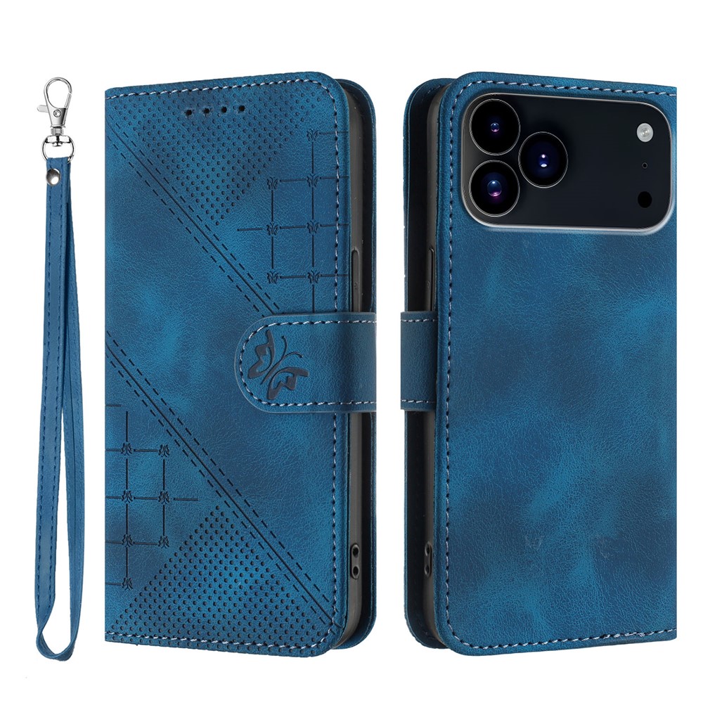 For iPhone 17 Pro Leather Wallet Case Butterfly Flower Imprinted Phone Cover with Strap - Royal Blue