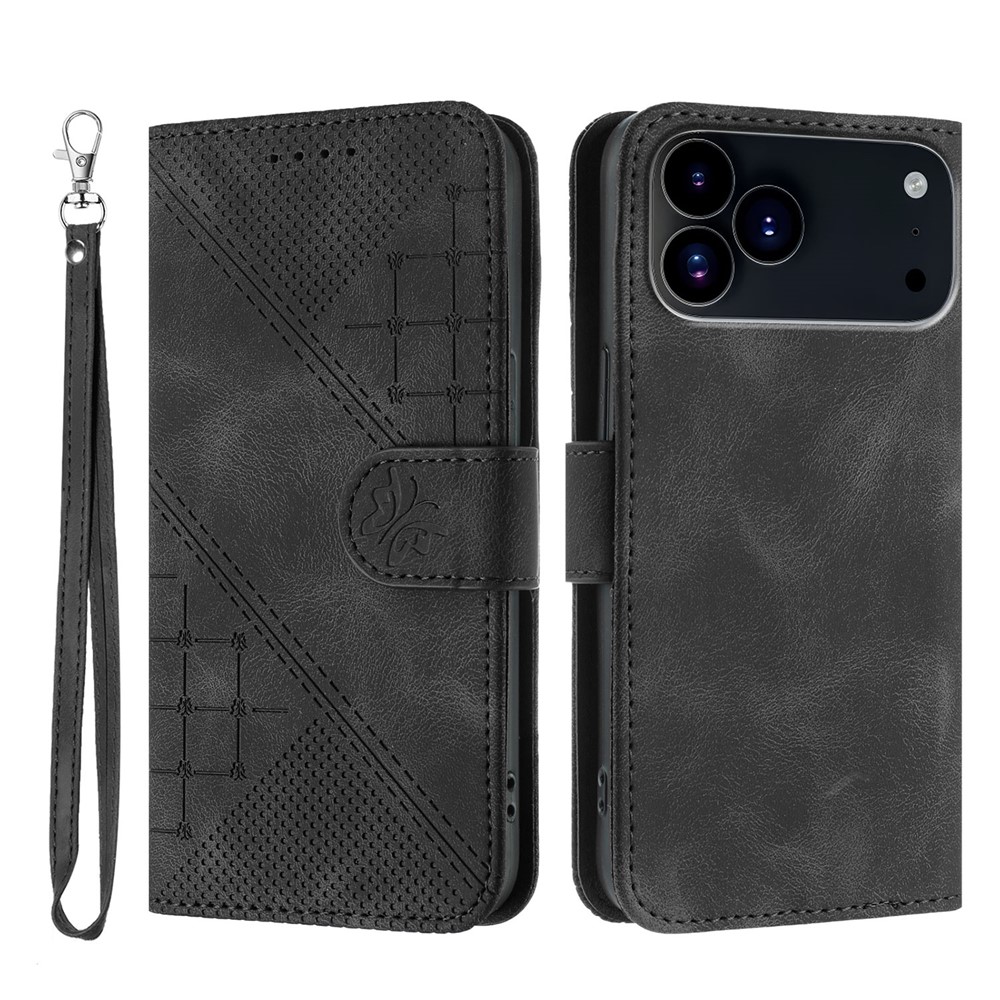 For iPhone 17 Pro Leather Wallet Case Butterfly Flower Imprinted Phone Cover with Strap - Black