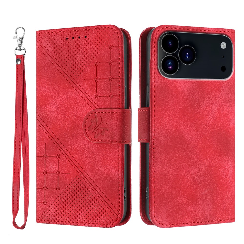 For iPhone 17 Pro Max Leather Wallet Case Butterfly Flower Imprinted Phone Cover with Strap - Red