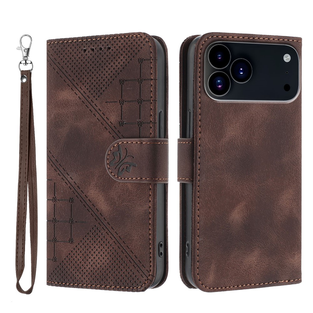 For iPhone 17 Pro Max Leather Wallet Case Butterfly Flower Imprinted Phone Cover with Strap - Coffee