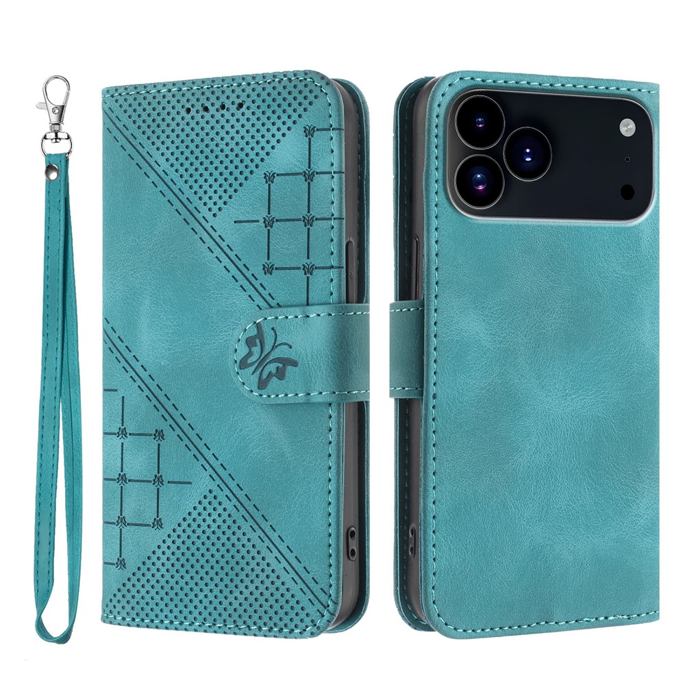 For iPhone 17 Pro Max Leather Wallet Case Butterfly Flower Imprinted Phone Cover with Strap - Light Blue