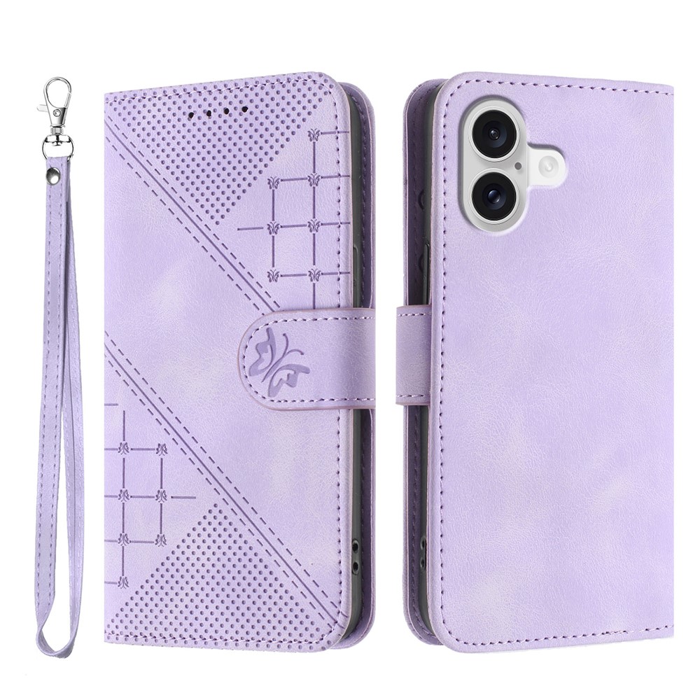 For iPhone 17 Leather Wallet Case Butterfly Flower Imprinted Phone Cover with Strap - Purple