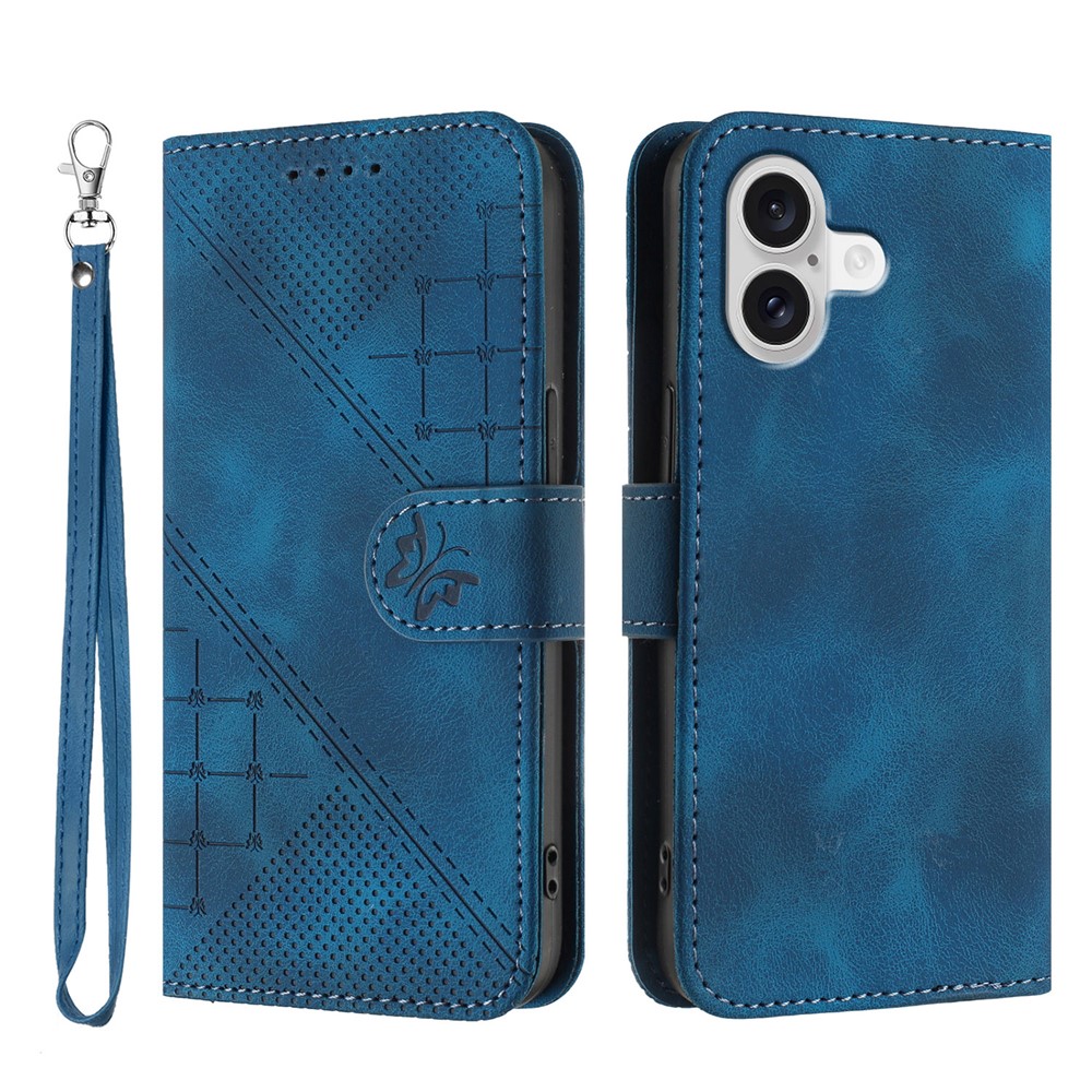 For iPhone 17 Leather Wallet Case Butterfly Flower Imprinted Phone Cover with Strap - Royal Blue