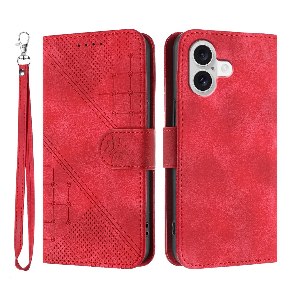 For iPhone 17 Leather Wallet Case Butterfly Flower Imprinted Phone Cover with Strap - Red