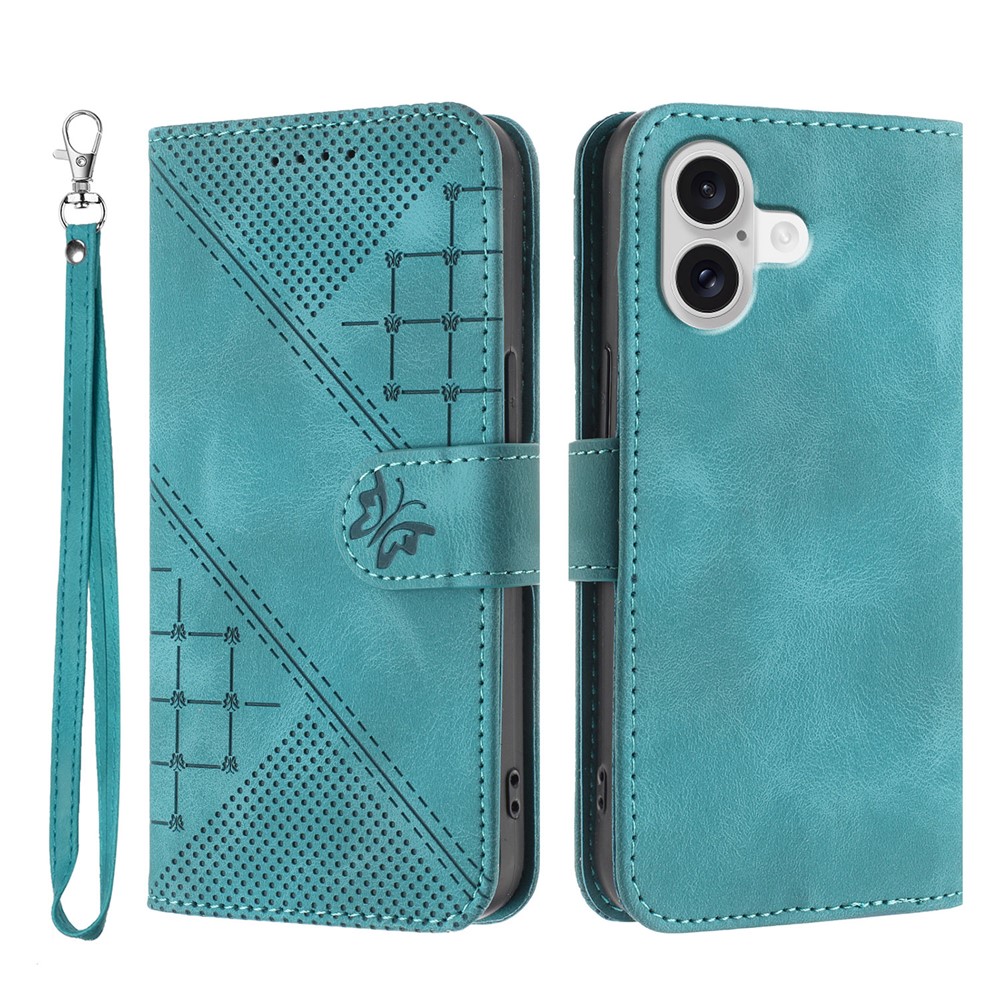 For iPhone 17 Leather Wallet Case Butterfly Flower Imprinted Phone Cover with Strap - Light Blue