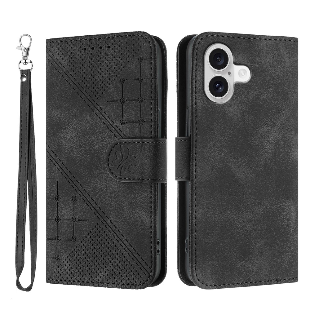 For iPhone 17 Leather Wallet Case Butterfly Flower Imprinted Phone Cover with Strap - Black
