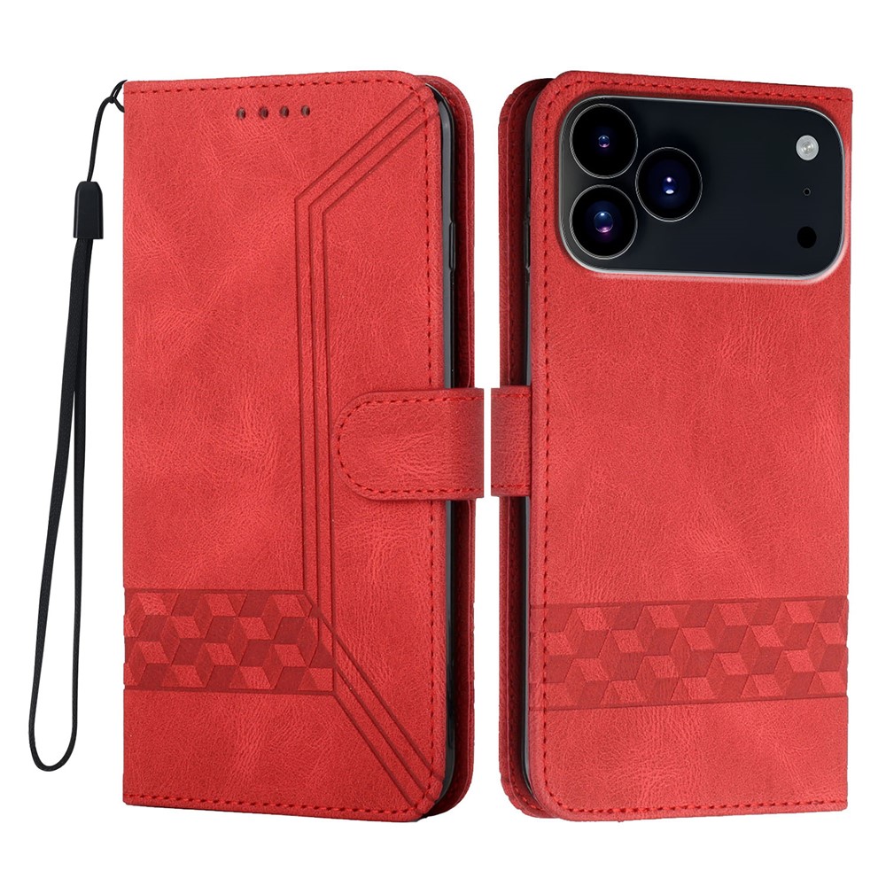 For iPhone 17 Pro Phone Case with Strap Imprint PU Leather Wallet Stand Cover - Red