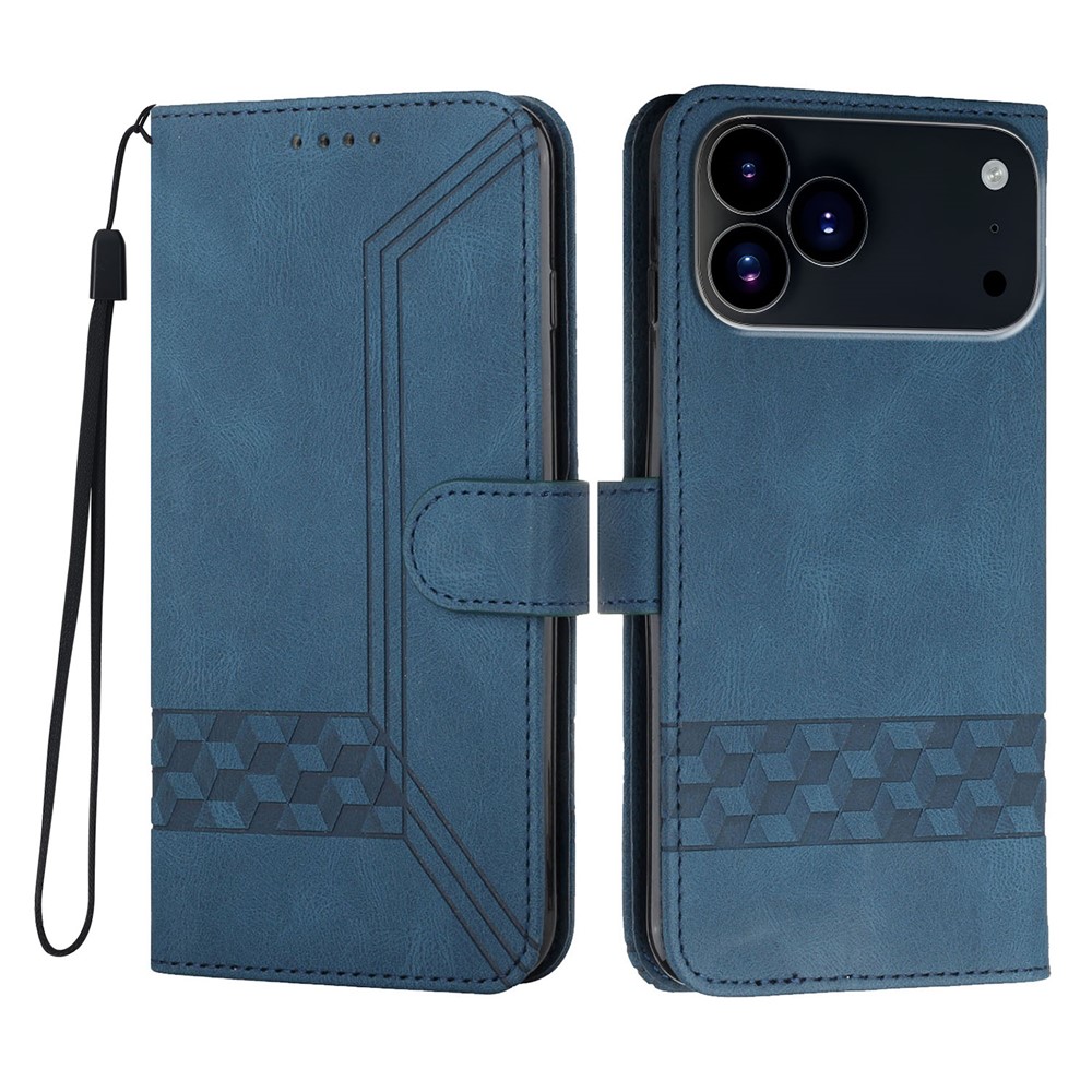 For iPhone 17 Pro Phone Case with Strap Imprint PU Leather Wallet Stand Cover - Royal Blue
