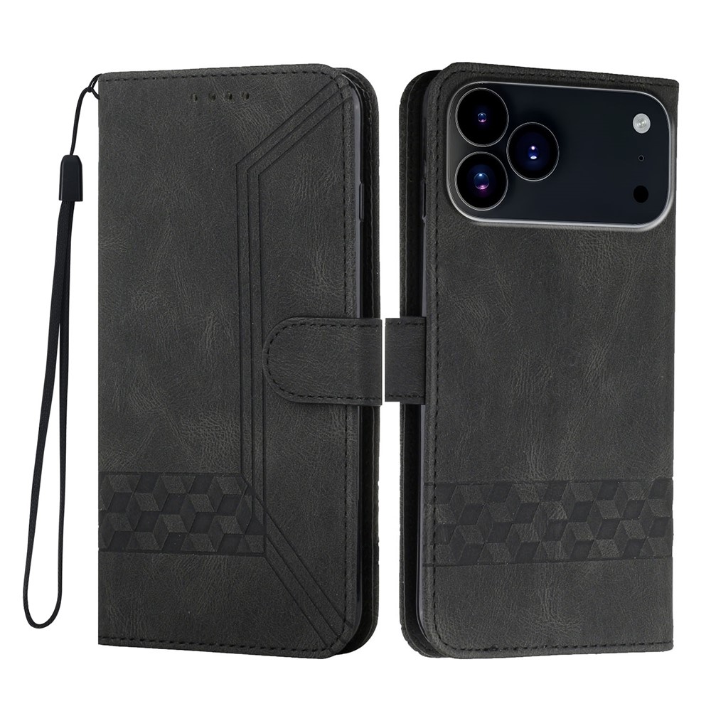For iPhone 17 Pro Phone Case with Strap Imprint PU Leather Wallet Stand Cover - Back