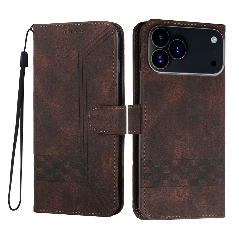 For iPhone 17 Pro Max Phone Case with Strap Imprint PU Leather Wallet Stand Cover - Coffee