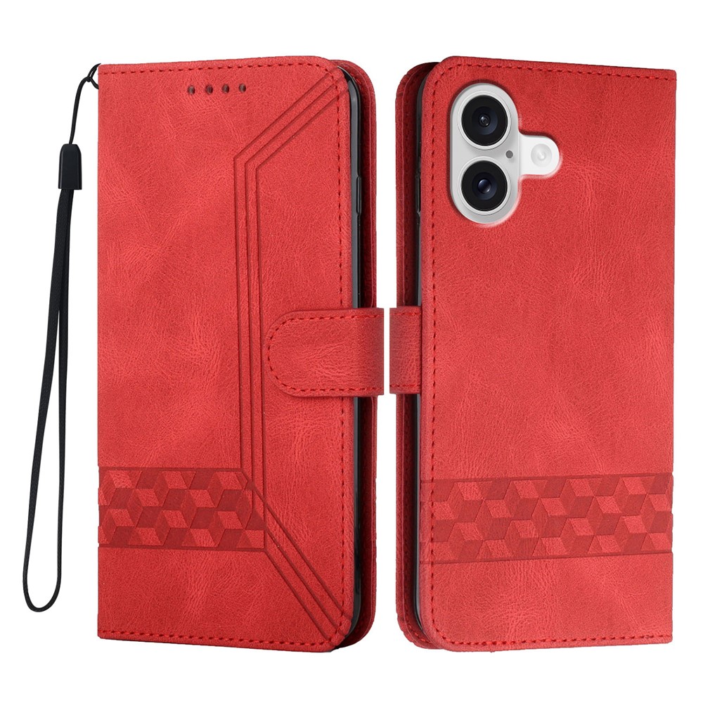For iPhone 17 Phone Case with Strap Imprint PU Leather Wallet Stand Cover - Red
