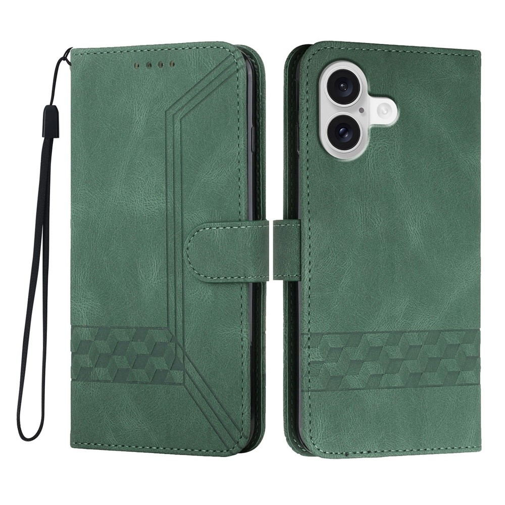 For iPhone 17 Phone Case with Strap Imprint PU Leather Wallet Stand Cover - Blackish Green