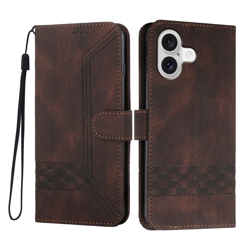 For iPhone 17 Phone Case with Strap Imprint PU Leather Wallet Stand Cover - Coffee