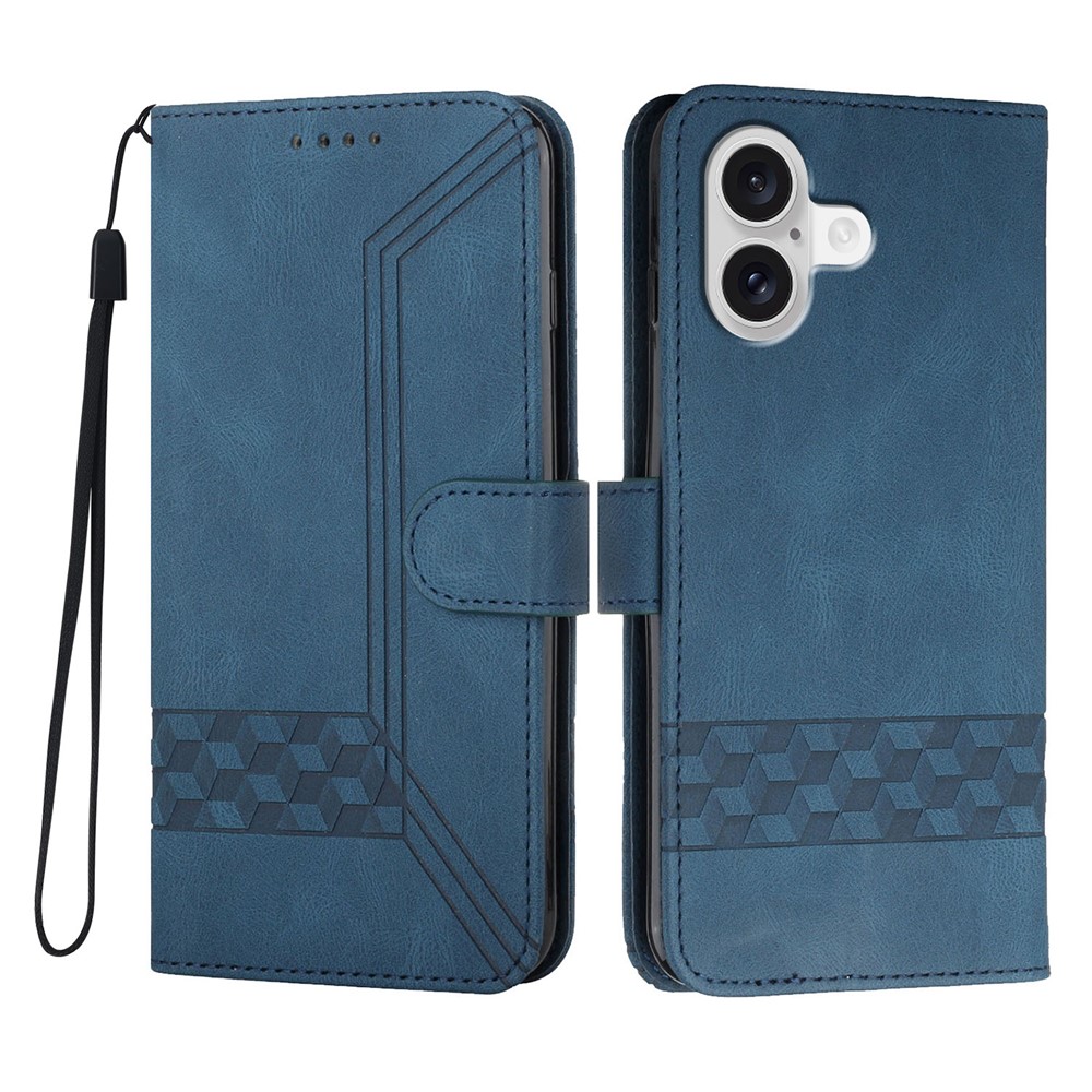 For iPhone 17 Phone Case with Strap Imprint PU Leather Wallet Stand Cover - Royal Blue