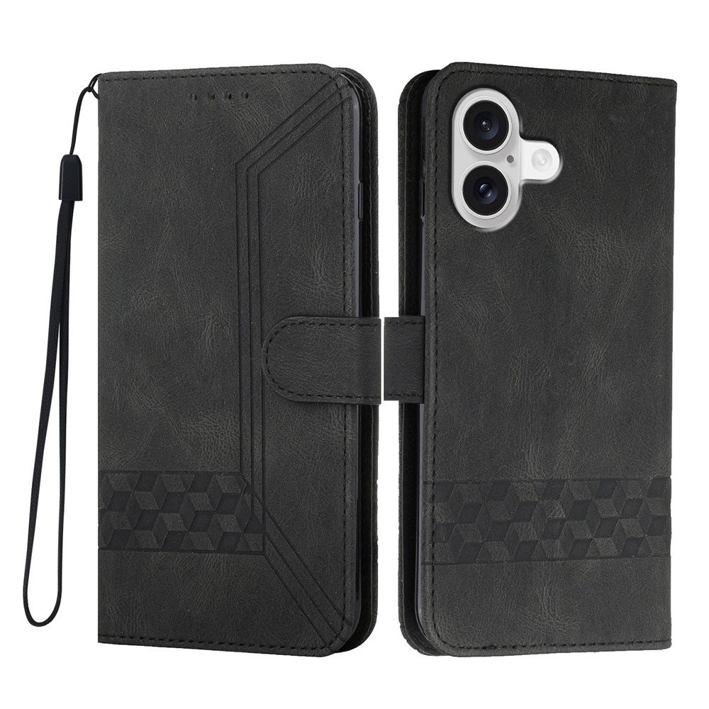 For iPhone 17 Phone Case with Strap Imprint PU Leather Wallet Stand Cover - Back