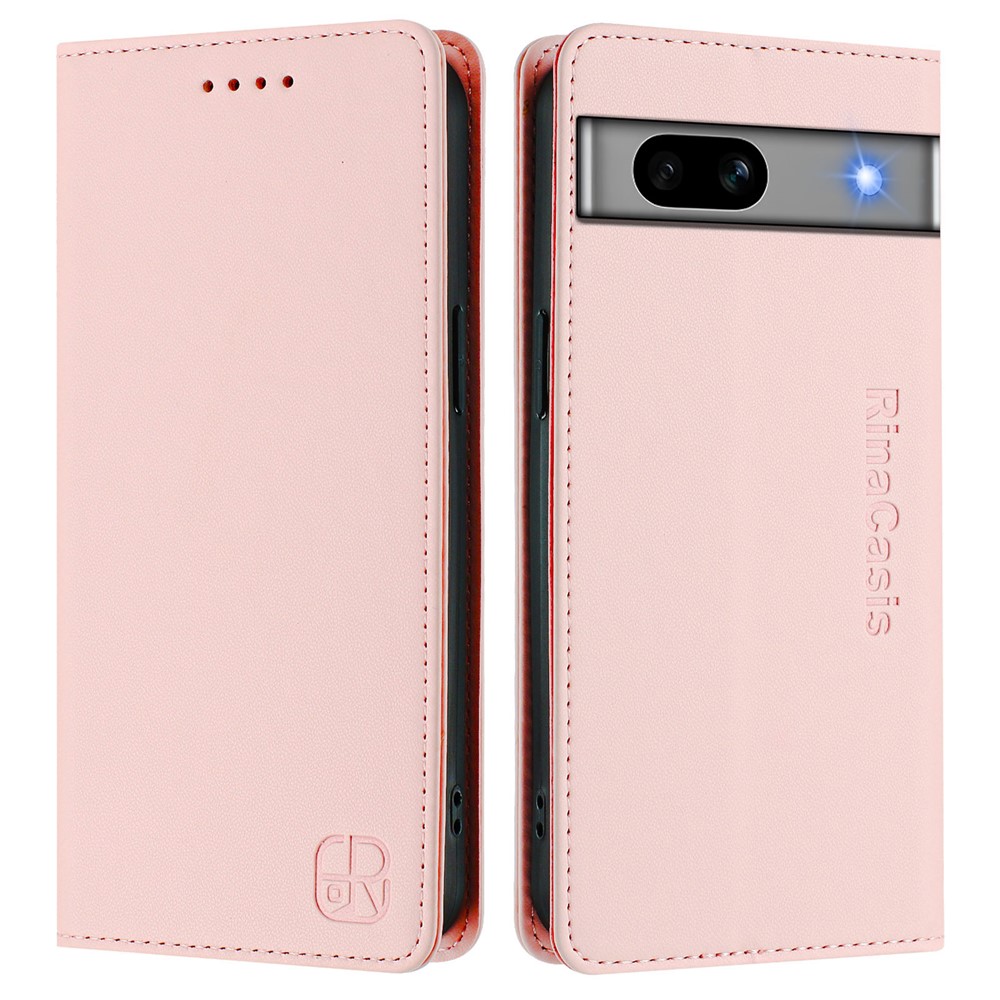 For Google Pixel 7a Leather Case RINACASIS RC01 Phone Cover with RFID Blocking Wallet Stand - Pink