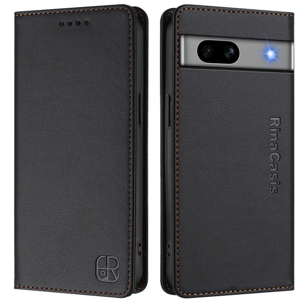 For Google Pixel 7a Leather Case RINACASIS RC01 Phone Cover with RFID Blocking Wallet Stand - Black