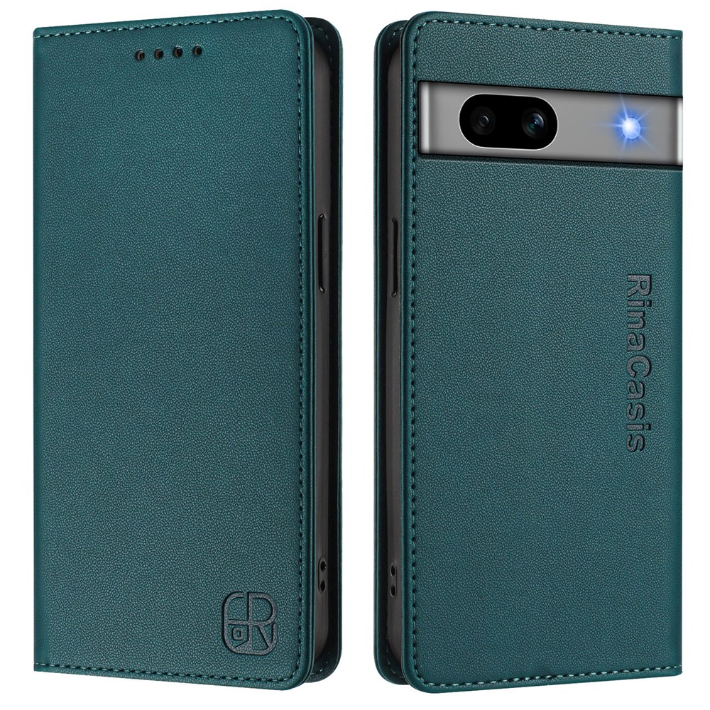 For Google Pixel 7a Leather Case RINACASIS RC01 Phone Cover with RFID Blocking Wallet Stand - Dark Green