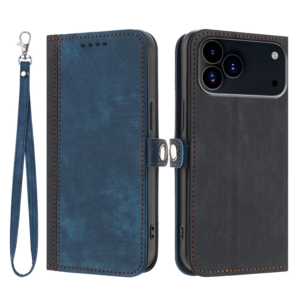 For iPhone 17 Pro PU Leather Case with Strap Phone Cover Stand Side Magnetic Button Design - Black+Royal Blue