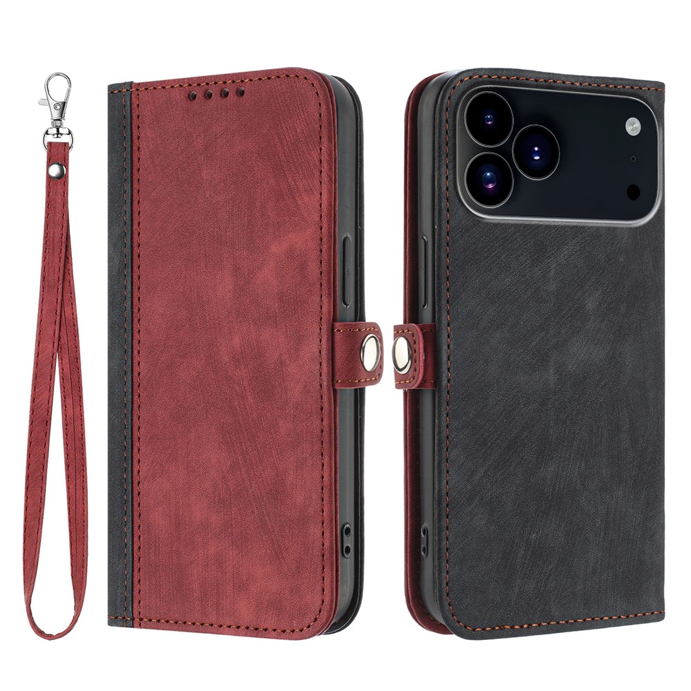 For iPhone 17 Pro PU Leather Case with Strap Phone Cover Stand Side Magnetic Button Design - Black+Red
