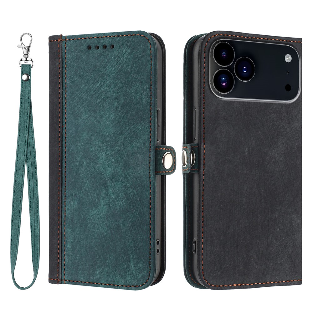 For iPhone 17 Pro PU Leather Case with Strap Phone Cover Stand Side Magnetic Button Design - Black+Dark Green