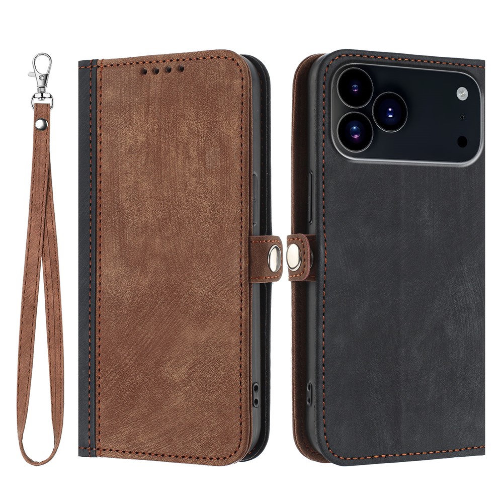 For iPhone 17 Pro PU Leather Case with Strap Phone Cover Stand Side Magnetic Button Design - Black+Coffee