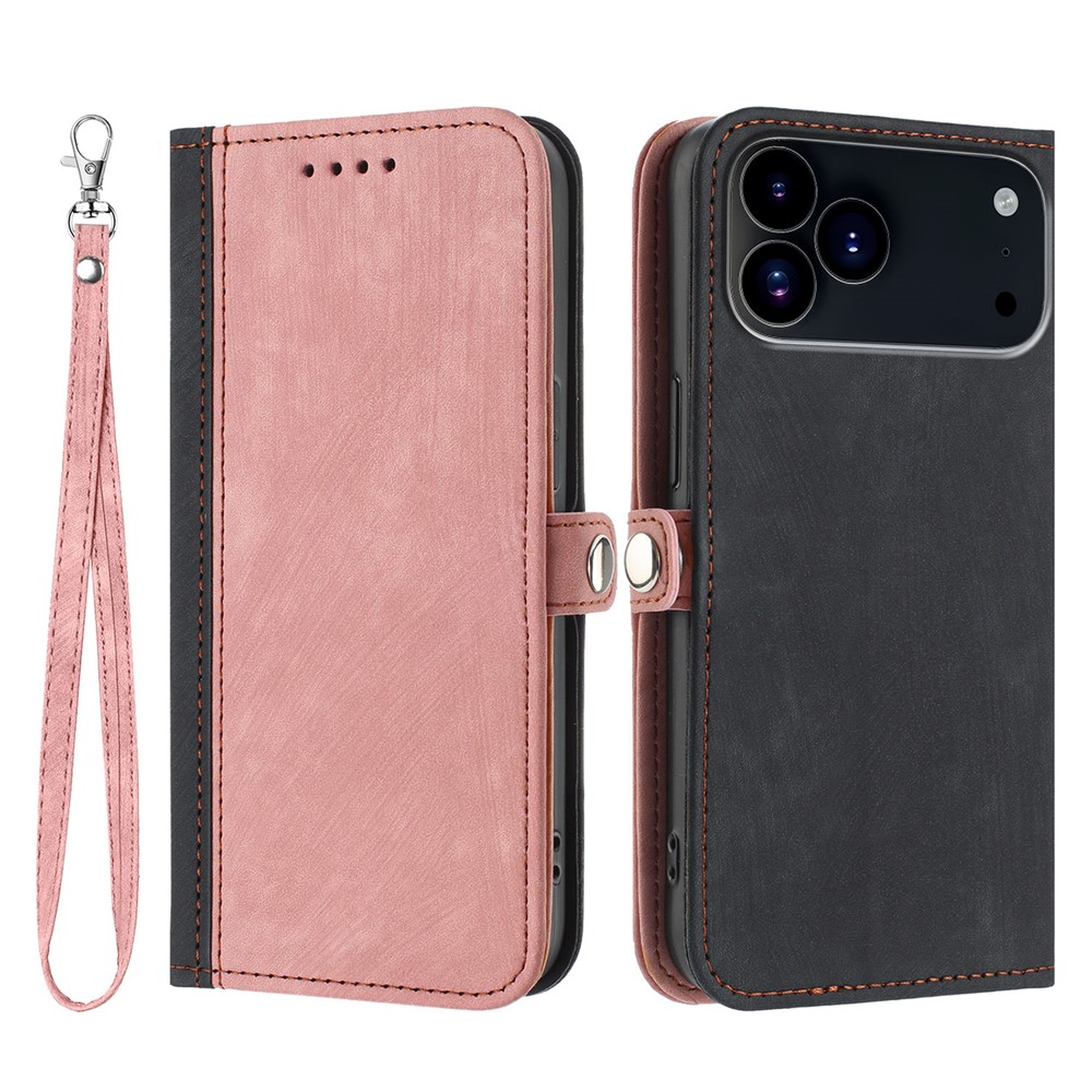For iPhone 17 Pro PU Leather Case with Strap Phone Cover Stand Side Magnetic Button Design - Black+Pink
