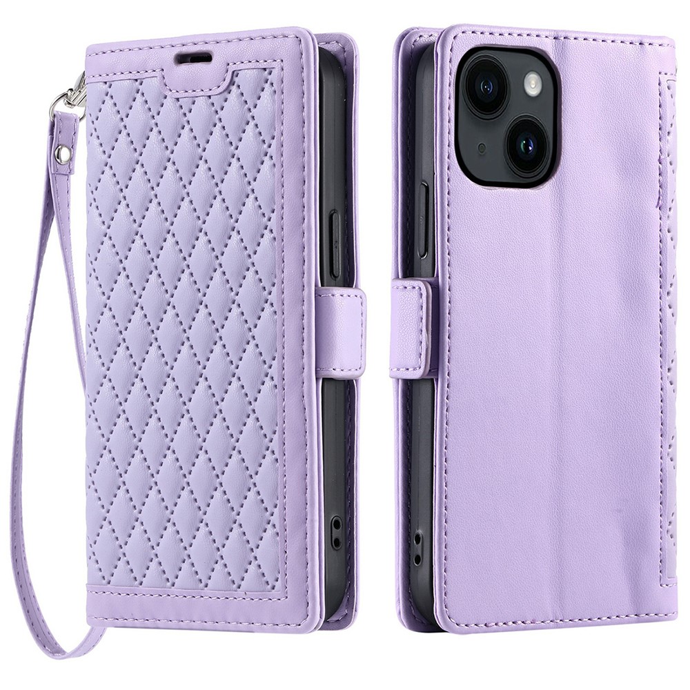 For iPhone 14  /  13 Leather Case Rhombus Texture Wallet Stand Phone Cover with Wrist Strap - Purple